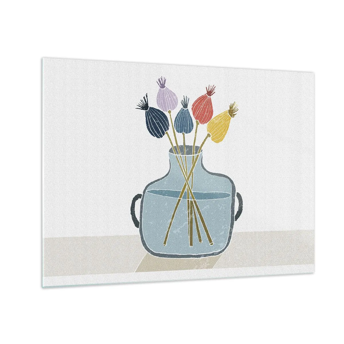 Quadro su vetro - Teste di papavero decorative in una brocca in stile grafico - 70x50cm - Il silenzio dei papaveri - Decorazione murale moderna per soggiorno e camera da letto ARTTOR