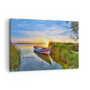 Quadro su tela - Stampe su Tela - Una barca in una baia tranquilla al tramonto - 120x80cm - L'insenatura dei sogni realizzati - Decorazione murale moderna per soggiorno e camera da letto ARTTOR