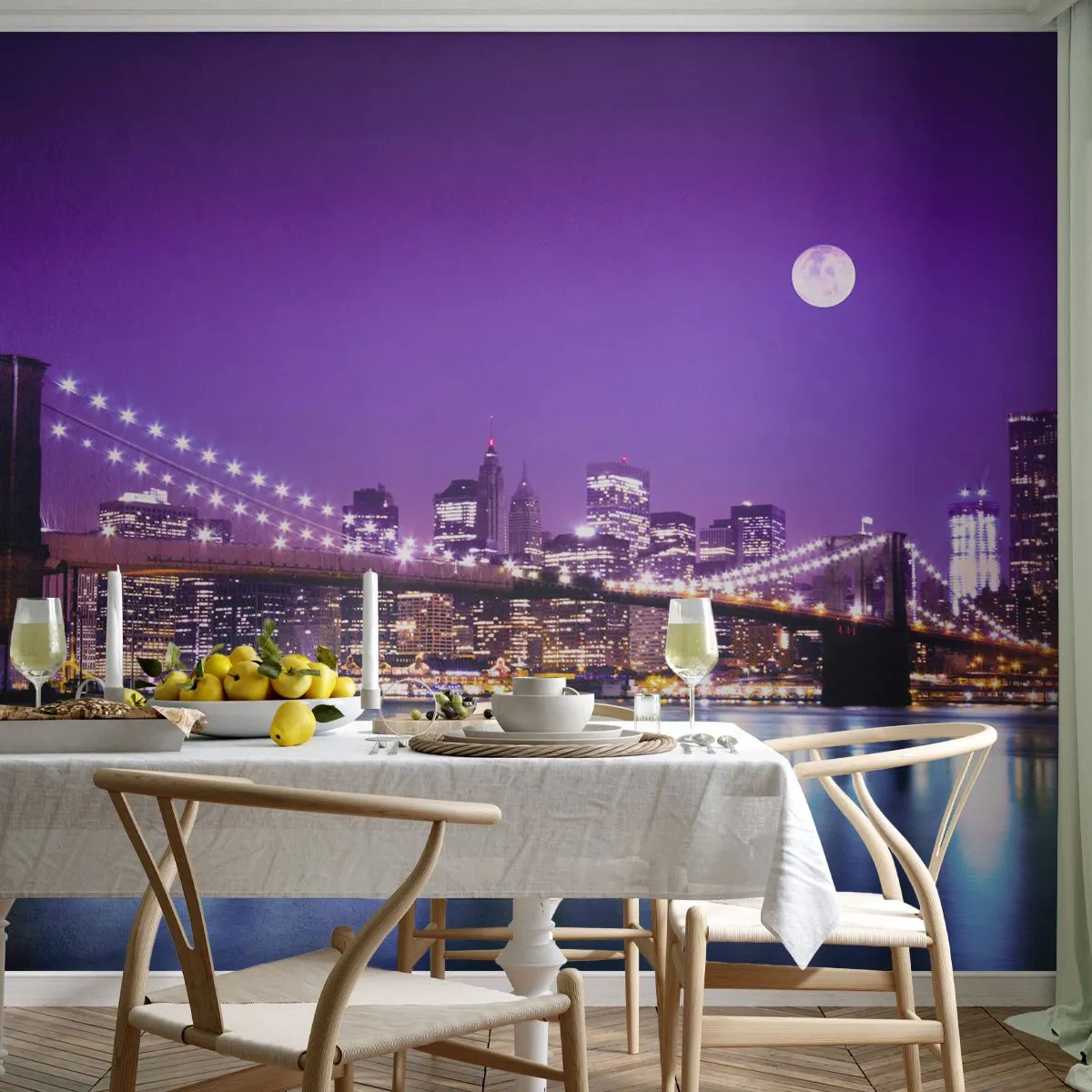 Fotomurali Autoadesivo Deluxe Sticker - Luce della grande città in viola - Città, New York, ponte di Brooklyn - 450x315 cm