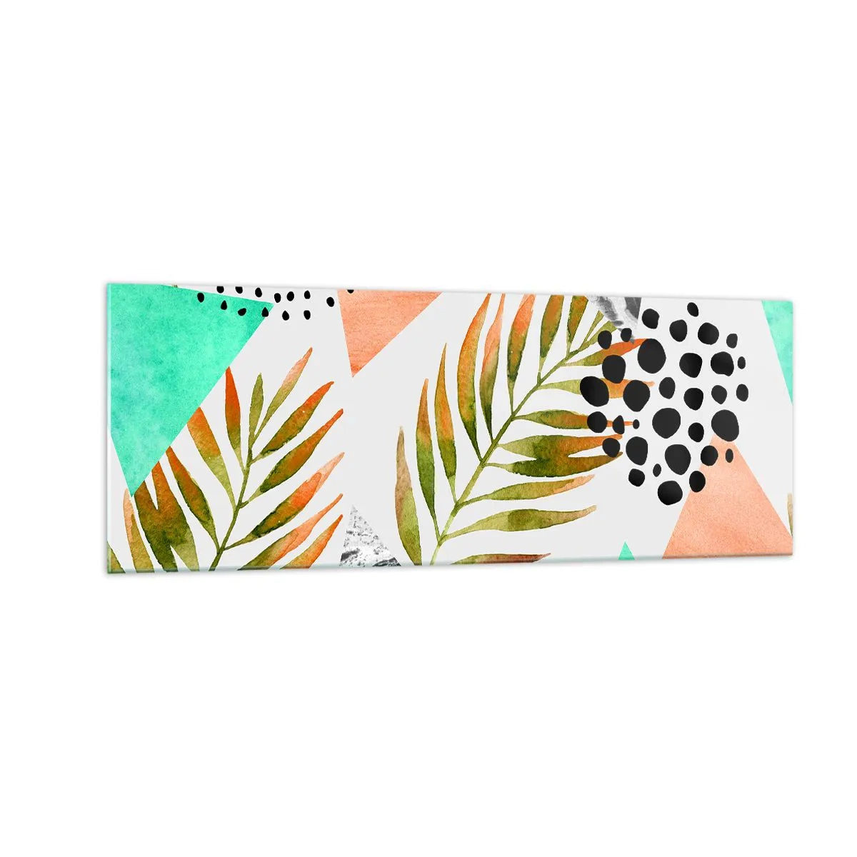 Quadro su vetro - Motivo tropicale con foglie e forme geometriche - 140x50cm - Decorazione con foglie di palma - Decorazione murale moderna per soggiorno e camera da letto ARTTOR
