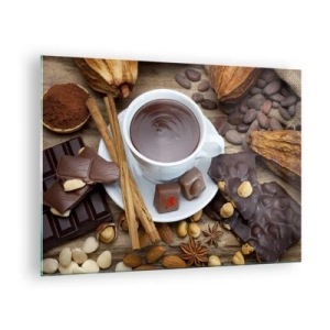 Quadro su vetro - Una tazza di cioccolata calda con guarnizioni su uno sfondo rustico - 70x50cm - Dalla fantastica fabbrica di cioccolato - Decorazione murale moderna per soggiorno e camera da letto ARTTOR