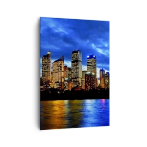 Quadro su tela - Stampe su Tela - Panorama della città notturna con grattacieli illuminati sull'acqua - 70x100cm - Notte di luci e colori - Decorazione murale moderna per soggiorno e camera da letto ARTTOR