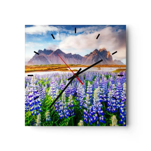 Orologio da parete - Orologio in Vetro - Fiori in un paesaggio montano con un cielo pittoresco - 30x30cm - Forza e asprezza accanto alla mitezza - Decorazione murale moderna per soggiorno e camera da letto ARTTOR