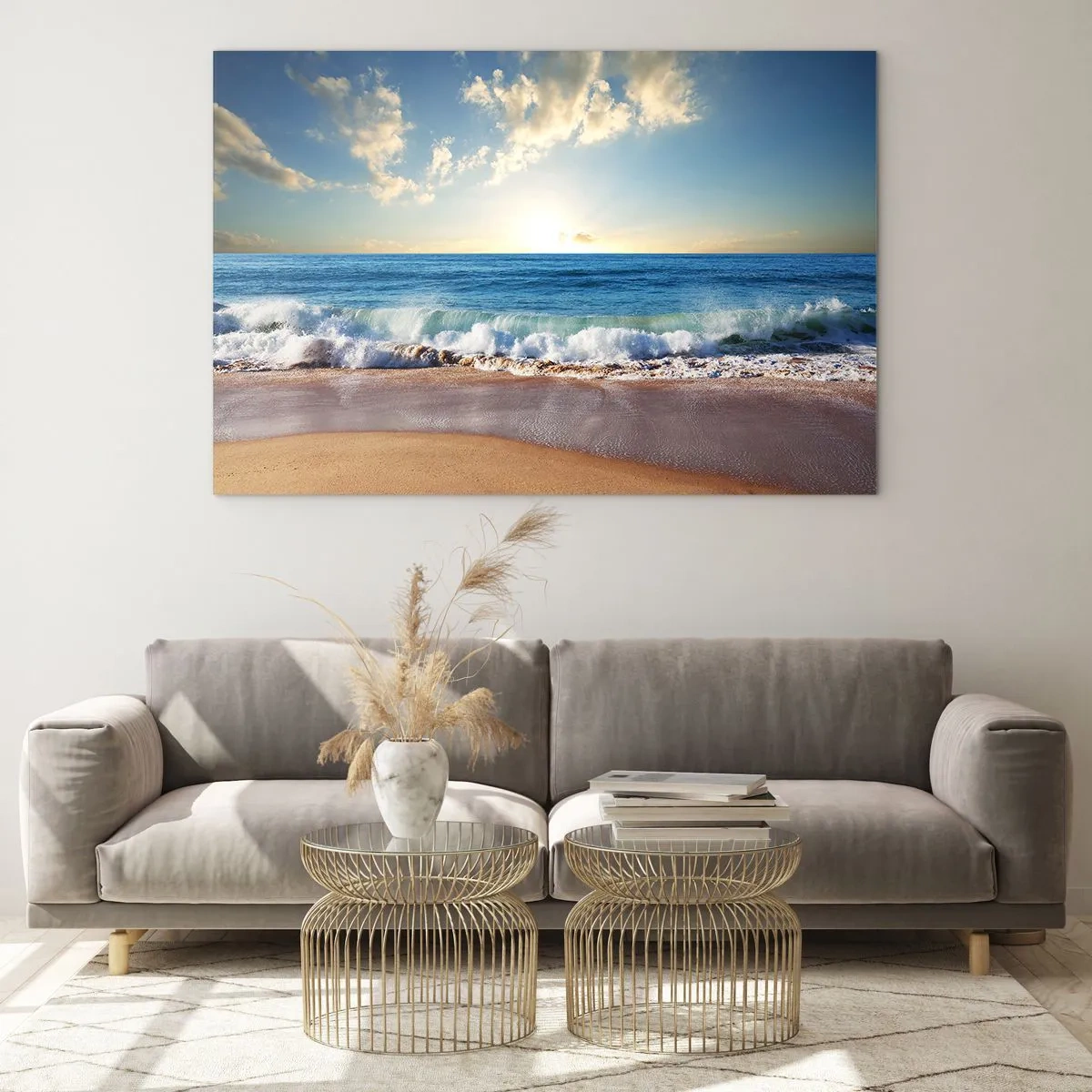 Quadro su vetro - Onde dell'oceano che si infrangono su una spiaggia dorata all'alba - 100x70cm - Insieme movimento e immobilità - Decorazione murale moderna per soggiorno e camera da letto ARTTOR