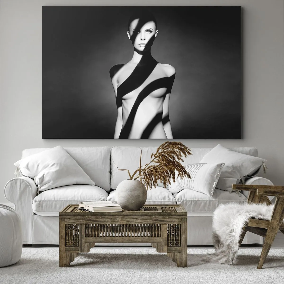 Quadro su tela - Stampe su Tela - Ritratto in bianco e nero di una donna in luce e ombra - 120x80cm - Luci e ombre - Decorazione murale moderna per soggiorno e camera da letto ARTTOR
