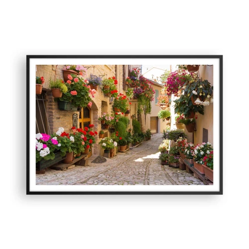 Poster in cornice nera - Una strada con fiori in vaso e muri in pietra - 100x70cm - Un'esplosione di fiori - Decorazione murale moderna per soggiorno e camera da letto ARTTOR