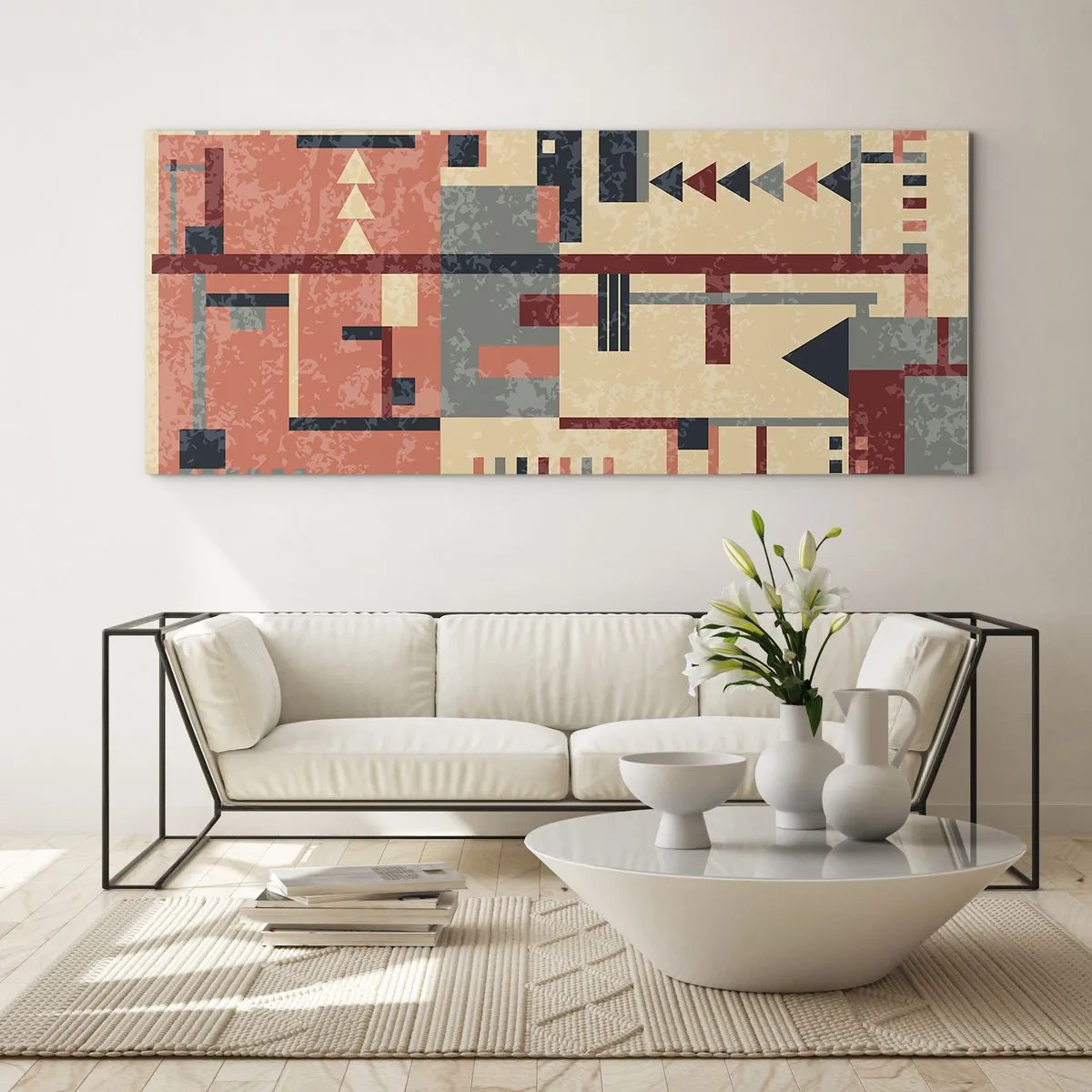 Quadro su vetro - Motivo geometrico nei toni pastello del beige, rosso e grigio - 120x50cm - Combinazione di orizzontali e verticali - Decorazione murale moderna per soggiorno e camera da letto ARTTOR