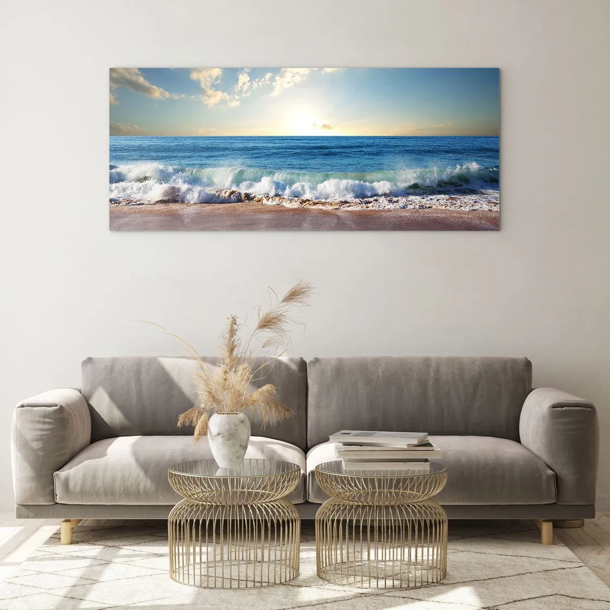 Quadro su vetro - Una spiaggia soleggiata con onde che si infrangono sulla riva - 140x50cm - Insieme movimento e immobilità - Decorazione murale moderna per soggiorno e camera da letto ARTTOR