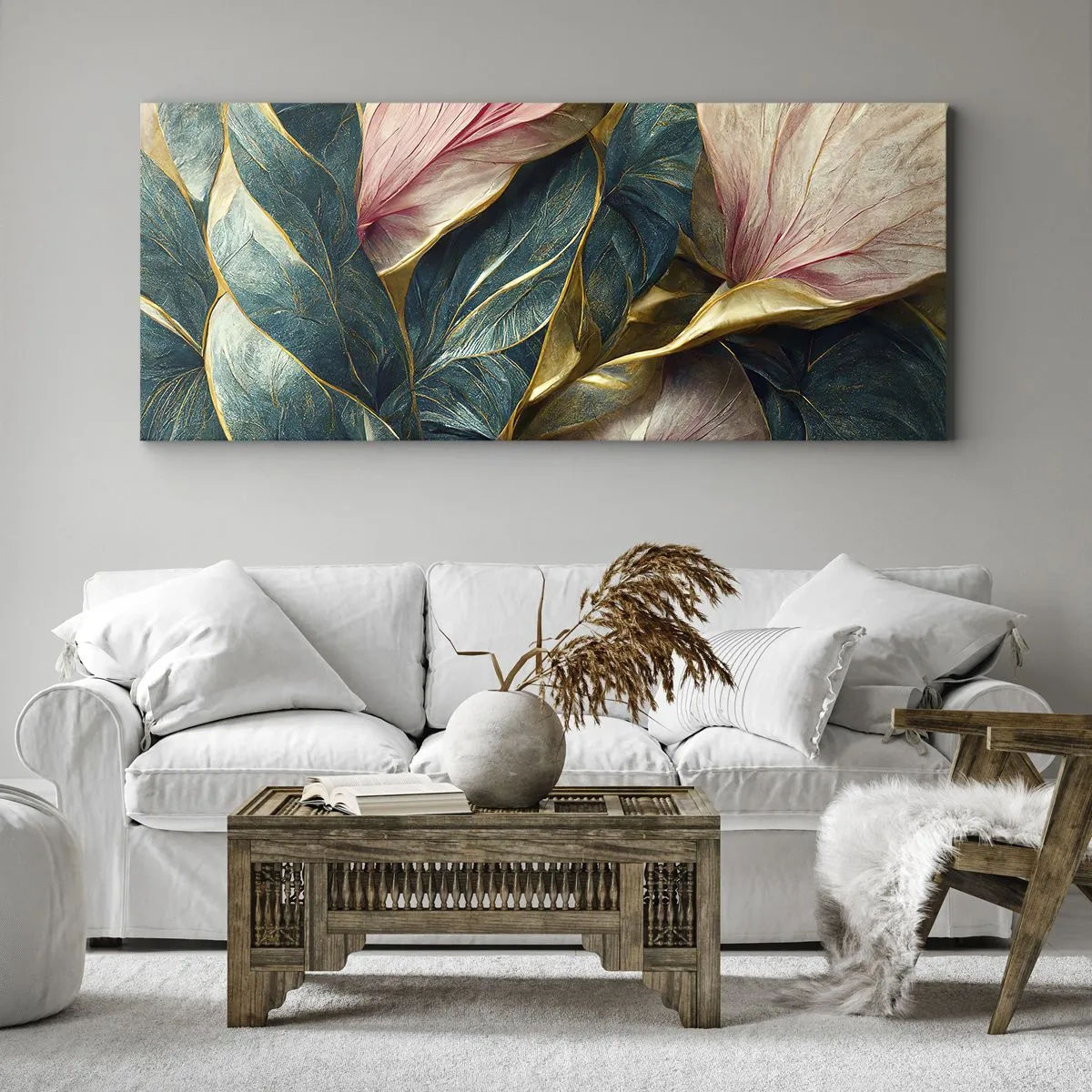 Quadro su tela - Stampe su Tela - Eleganti foglie in verde, oro e rosa - 160x50cm - Stile ed eleganza naturali - Decorazione murale moderna per soggiorno e camera da letto ARTTOR