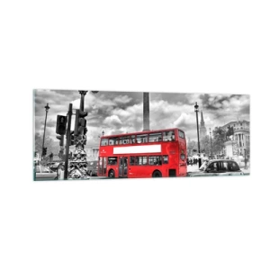 Quadro su vetro - Un autobus rosso a due piani sullo sfondo di una città in bianco e nero - 140x50cm - Il vero flusso sanguigno della città - Decorazione murale moderna per soggiorno e camera da letto ARTTOR