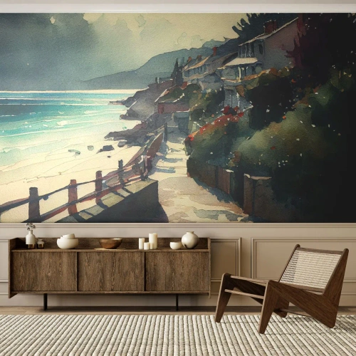 Fotomurali Premium Sand - Cittadina mediterranea - Case, Paesaggio, Spiaggia - 250x175 cm