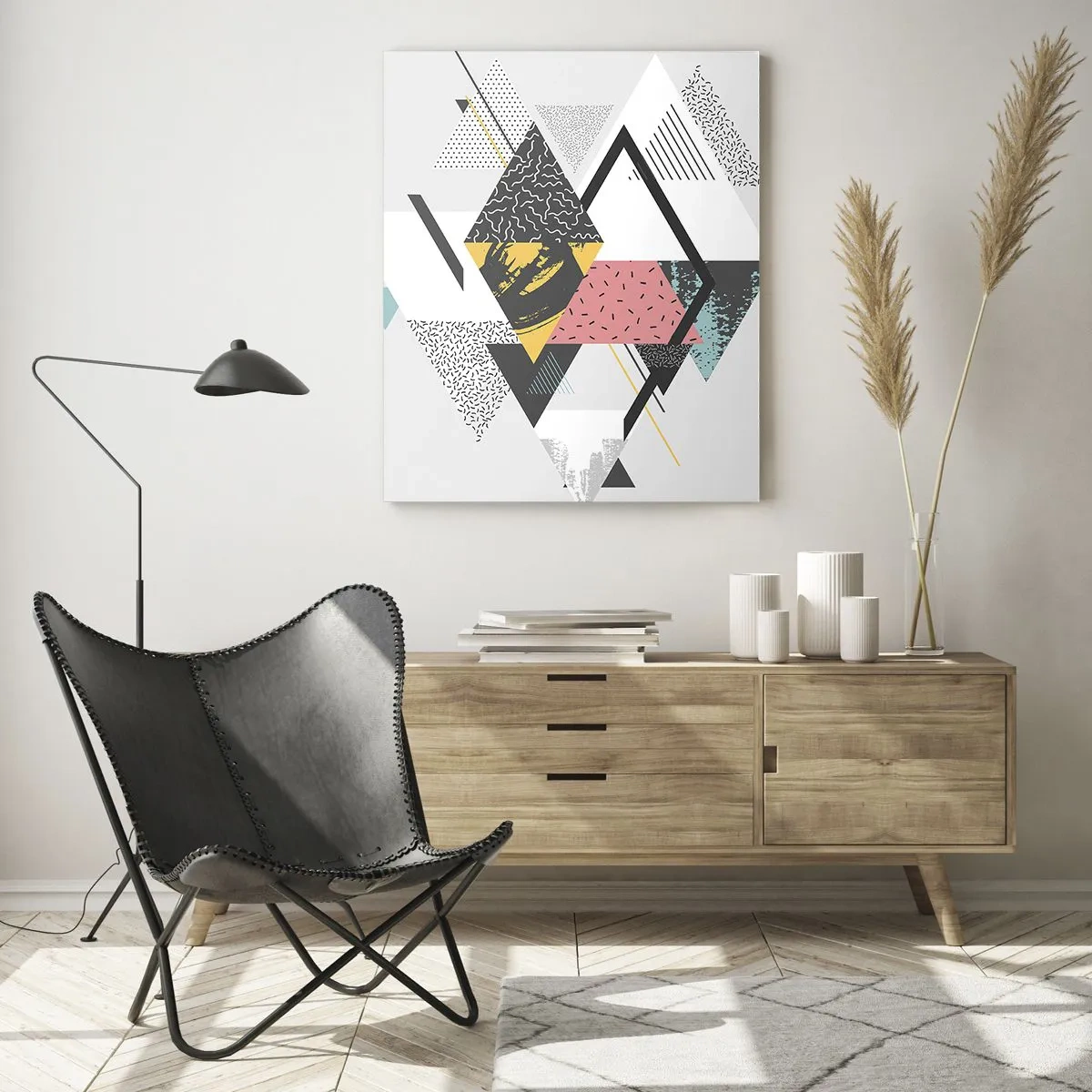 Quadro su vetro - Motivi geometrici su sfondo chiaro - 70x100cm - Variazione con triangoli e rombi - Decorazione murale moderna per soggiorno e camera da letto ARTTOR
