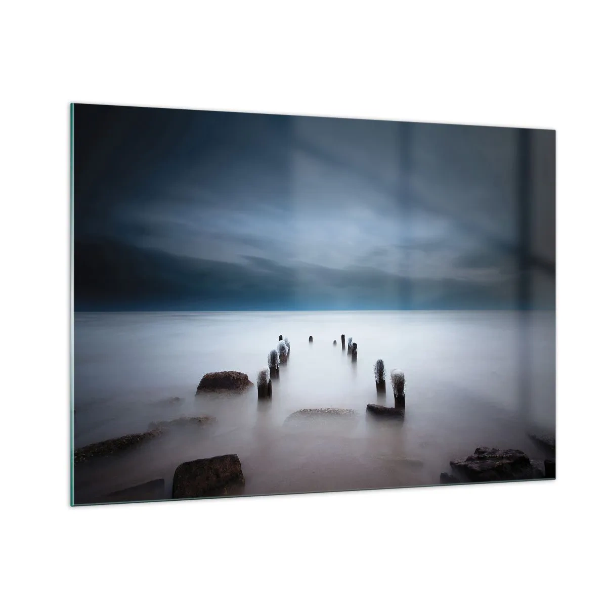 Quadro su vetro - Suggestivo paesaggio costiero con palafitte in legno - 100x70cm - Lago pensieroso - Decorazione murale moderna per soggiorno e camera da letto ARTTOR