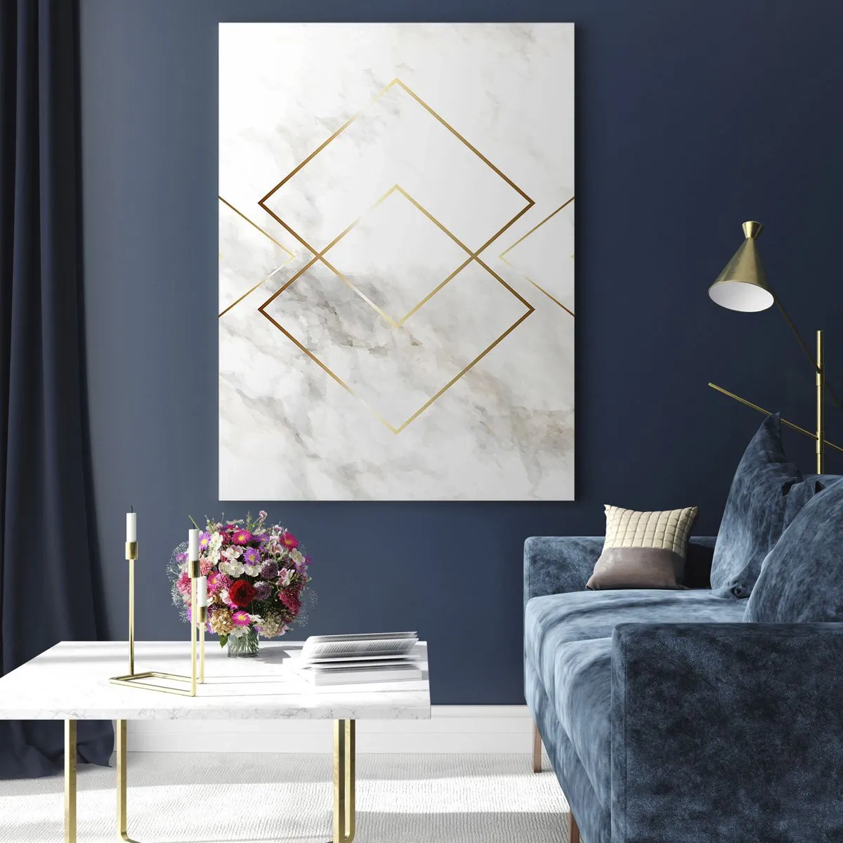 Quadro su vetro - Rombi geometrici dorati su sfondo di marmo bianco - 50x70cm - Vista sull'infinito - Decorazione murale moderna per soggiorno e camera da letto ARTTOR
