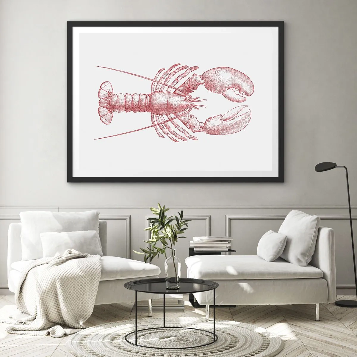 Poster in cornice nera - Disegno di un'aragosta in tonalità rossa - 70x50cm - Aragosta d'agosto - Decorazione murale moderna per soggiorno e camera da letto ARTTOR