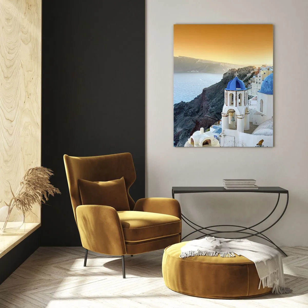 Quadro su vetro - Vista di Santorini con le sue cupole blu e le scogliere - 50x70cm - Santorini: aggrappate alle rocce - Decorazione murale moderna per soggiorno e camera da letto ARTTOR