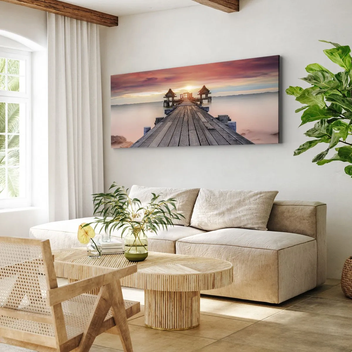 Quadro su tela - Stampe su Tela - Molo di legno che conduce ai gazebo al tramonto - 120x50cm - Tramonto d'oriente - Decorazione murale moderna per soggiorno e camera da letto ARTTOR