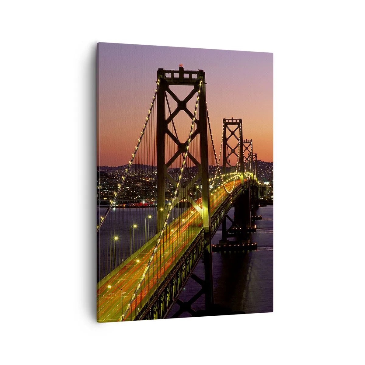 Quadro su tela - Stampe su Tela - Un ponte illuminato di notte sull'acqua con vista panoramica sulla città - 50x70cm - Serata in viola - Decorazione murale moderna per soggiorno e camera da letto ARTTOR