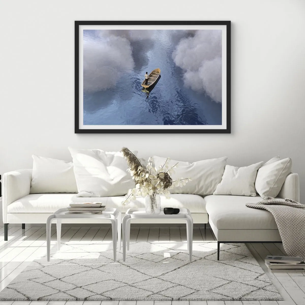 Poster in cornice nera - Un uomo su una barca in un mare calmo circondato da nuvole - 70x50cm - Vita - viaggio - incertezza - Decorazione murale moderna per soggiorno e camera da letto ARTTOR