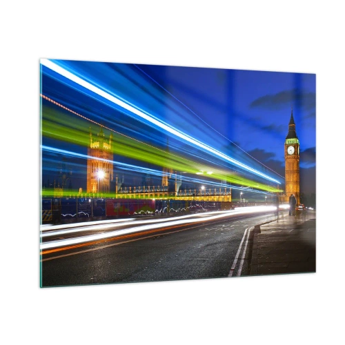 Quadro su vetro - Big Ben di notte con le luci delle auto sfocate - 100x70cm - Sotto lo sguardo del Big Ben - Decorazione murale moderna per soggiorno e camera da letto ARTTOR