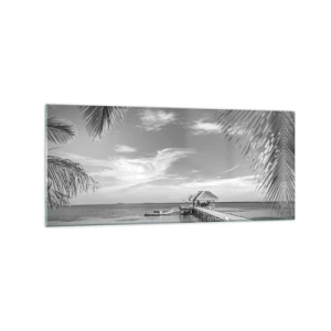 Quadro su vetro - Spiaggia bianca e nera con molo e palme su una costa tropicale - 120x50cm - Un ricordo o un sogno? - Decorazione murale moderna per soggiorno e camera da letto ARTTOR