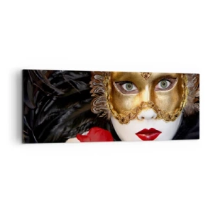 Quadro su tela - Stampe su Tela - Maschera veneziana dorata con piume e rosa rossa, motivo misterioso. - 140x50cm - Perché la vita è un grande ballo - Decorazione murale moderna per soggiorno e camera da letto ARTTOR