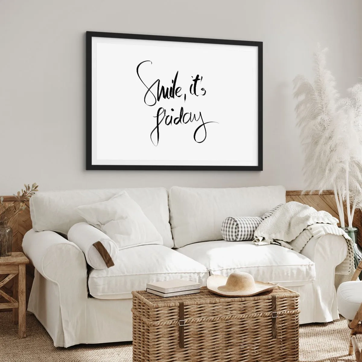 Poster in cornice nera - Scritta in bianco e nero Sorridi, è venerdì - 70x50cm - Vera gioia - Decorazione murale moderna per soggiorno e camera da letto ARTTOR