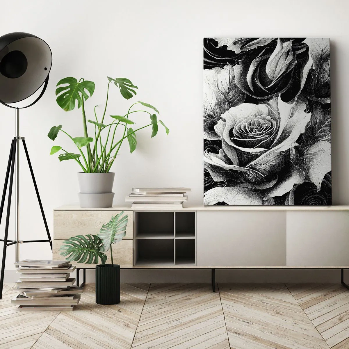 Quadro su tela - Stampe su Tela - Rose bianche e nere in una composizione elegante - 70x100cm - Sempre regina - Decorazione murale moderna per soggiorno e camera da letto ARTTOR