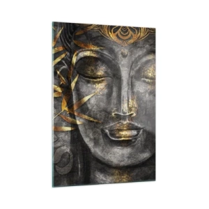 Quadro su vetro - Immagine del Buddha dorato su uno sfondo di bambù - 50x70cm - Senti la pace - Decorazione murale moderna per soggiorno e camera da letto ARTTOR