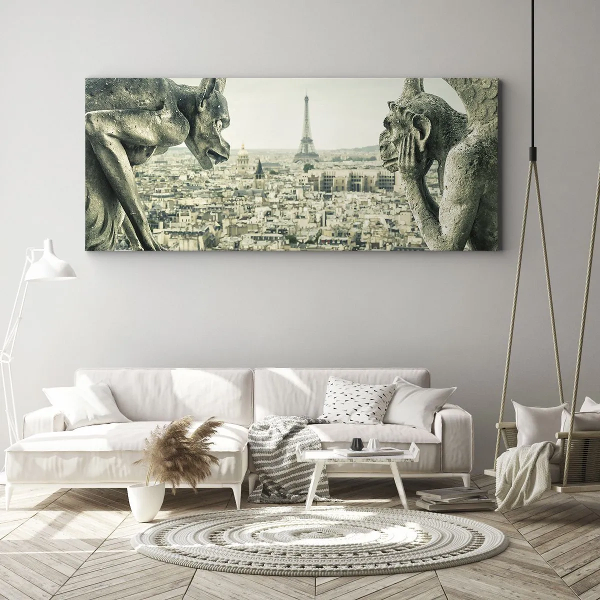 Quadro su tela - Stampe su Tela - Gargoyle che dominano lo skyline di Parigi e la Torre Eiffel - 160x50cm - Chiacchierate parigine - Decorazione murale moderna per soggiorno e camera da letto ARTTOR