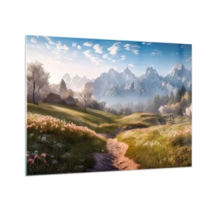 Quadro su vetro - Paesaggio primaverile con una valle, fiori e montagne sullo sfondo al mattino - 70x50cm - Valle idilliaca - Decorazione murale moderna per soggiorno e camera da letto ARTTOR
