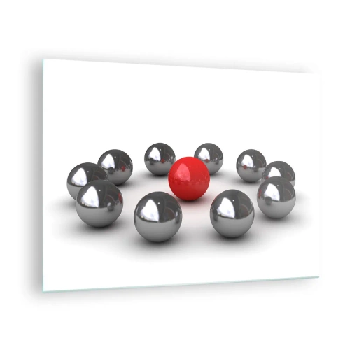Quadro su vetro - Una palla rossa circondata dall'argento su uno sfondo bianco - 70x50cm - Cerchio in argento e rosso - Decorazione murale moderna per soggiorno e camera da letto ARTTOR