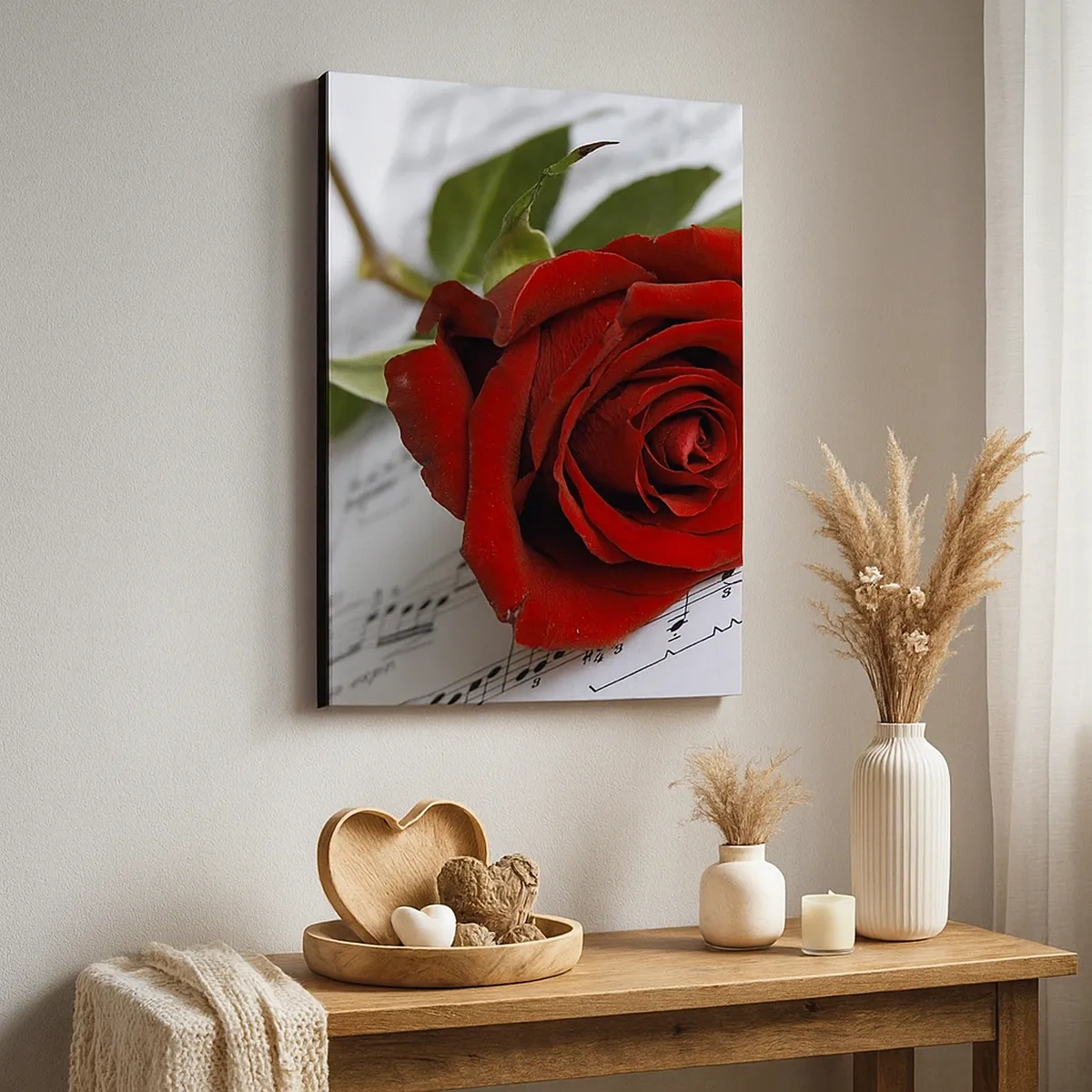Quadro su tela - Stampe su Tela - Una rosa rossa su uno sfondo di note musicali su carta bianca. - 50x70cm - La musica dei sentimenti in scarlatto - Decorazione murale moderna per soggiorno e camera da letto ARTTOR