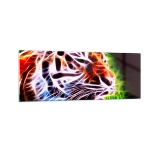 Quadro su vetro - Ritratto artistico colorato di una tigre in stile neon su sfondo nero. - 140x50cm - Aura minacciosa - Decorazione murale moderna per soggiorno e camera da letto ARTTOR