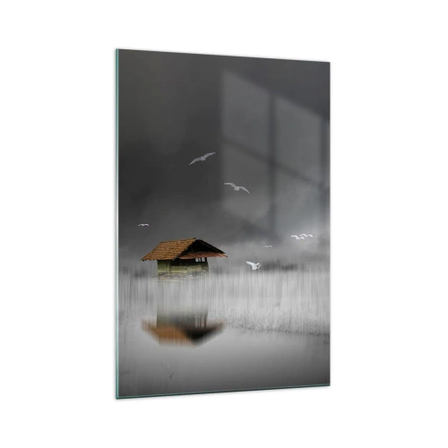 Quadro su vetro - Un cottage solitario sull'acqua circondato da nebbia e uccelli - 70x100cm - Riparo dalla pioggia - Decorazione murale moderna per soggiorno e camera da letto ARTTOR