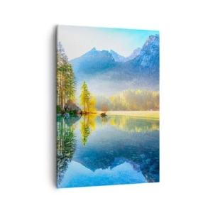 Quadro su tela - Stampe su Tela - Un lago circondato da montagne e foreste sotto i raggi del sole - 50x70cm - Maestà e dolcezza - Decorazione murale moderna per soggiorno e camera da letto ARTTOR