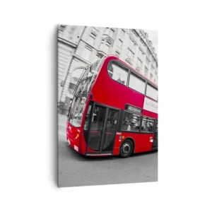Quadro su tela - Stampe su Tela - Un autobus rosso di Londra contro una strada bianca e nera - 70x100cm - Londra tradizionalmente: by bus - Decorazione murale moderna per soggiorno e camera da letto ARTTOR