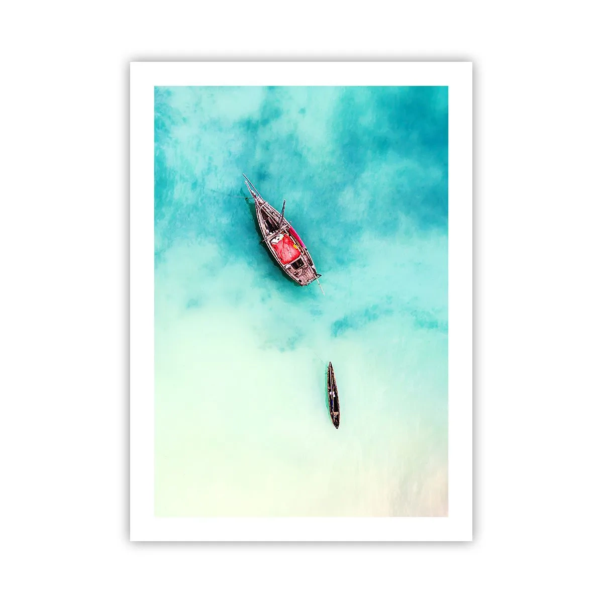 Poster - Barche sull'acqua turchese viste da una prospettiva a volo d'uccello - 50x70cm - Nelle spiagge di Zanzibar, quando c'è troppa acqua... - Decorazione murale moderna per soggiorno e camera da letto ARTTOR