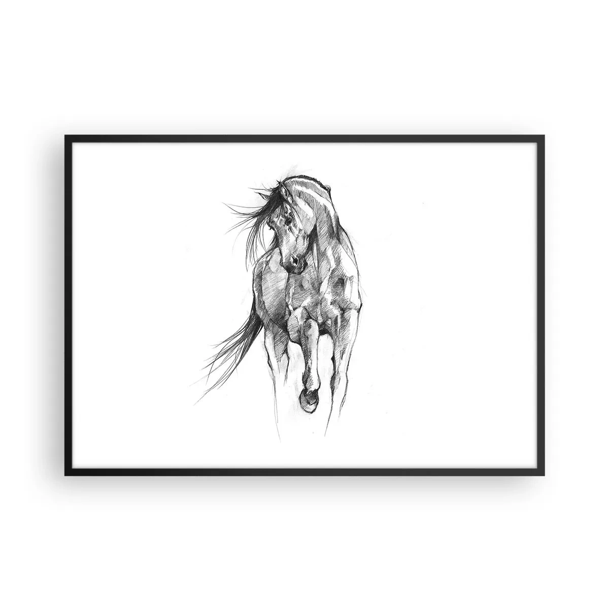 Poster in cornice nera - Schizzo in bianco e nero di un cavallo al galoppo - 100x70cm - Trotto aggraziato - Decorazione murale moderna per soggiorno e camera da letto ARTTOR