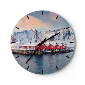 Orologio da parete - Orologio in Vetro - Case rosse sullo sfondo delle montagne innevate e del mare - 30x30cm - Atmosfera del nord - Decorazione murale moderna per soggiorno, cucina e camera da letto ARTTOR