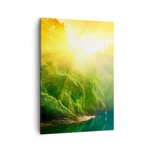 Quadro su tela - Stampe su Tela - Una foresta verde in riva al fiume, illuminata dai raggi del sole nascente - 50x70cm - Immergersi nel sole e nell'ombra - Decorazione murale moderna per soggiorno e camera da letto ARTTOR
