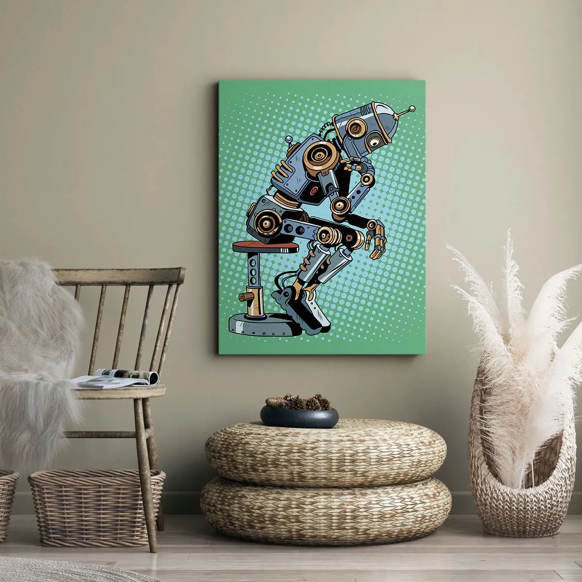 Quadro su tela - Stampe su Tela - Robot pensatore in stile pop art su sfondo verde - 70x100cm - Sull'essenza dell'essere - Decorazione murale moderna per soggiorno e camera da letto ARTTOR