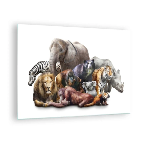 Quadro su vetro - Un gruppo di animali selvatici su uno sfondo bianco in uno scatto artistico - 70x50cm - Foto di famiglia africana - Decorazione murale moderna per soggiorno e camera da letto ARTTOR