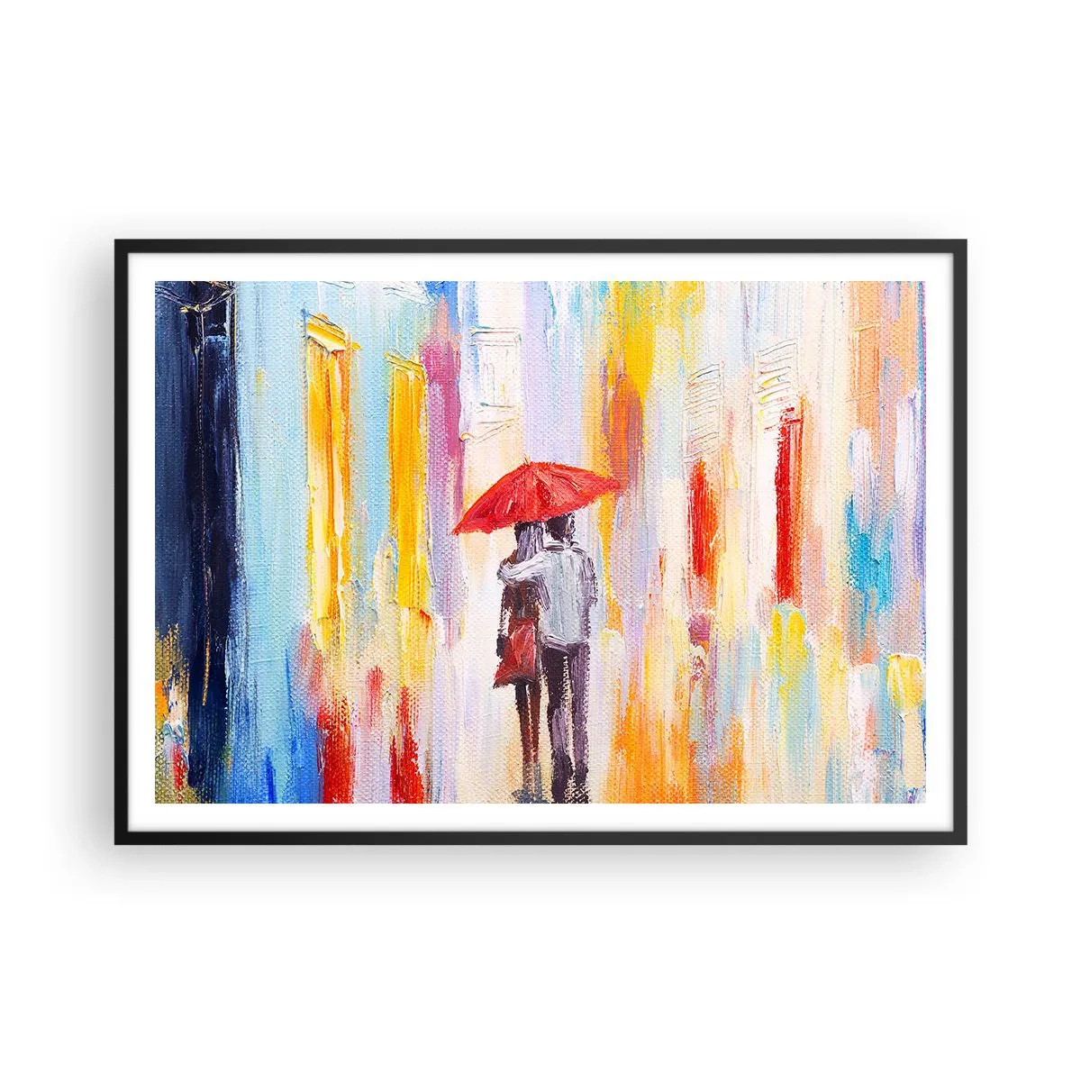 Poster in cornice nera - Una coppia sotto un ombrello rosso con edifici colorati sullo sfondo. - 100x70cm - Che piova ancora - Decorazione murale moderna per soggiorno e camera da letto ARTTOR