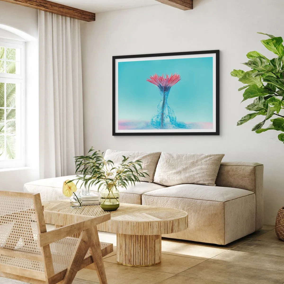 Poster in cornice nera - Un fiore rosa e blu in una composizione artistica su uno sfondo pastello - 100x70cm - L'abbraccio che ravviva - Decorazione murale moderna per soggiorno e camera da letto ARTTOR