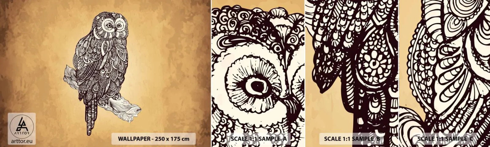 Campione di Fotomurale Adesivo Deluxe Sticker - Delicati ghirigori di saggezza - Gufo, Uccello, Animale - 100x30 cm