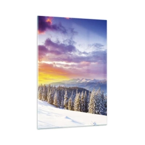 Quadro su vetro - Paesaggio invernale con montagne e foreste al tramonto - 70x100cm - Una bianca giornata - Decorazione murale moderna per soggiorno e camera da letto ARTTOR