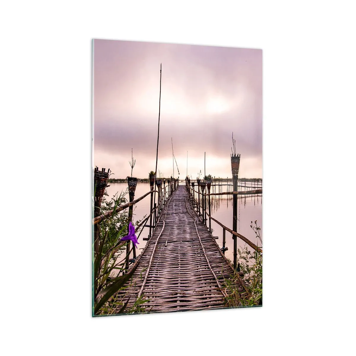 Quadro su vetro - Ponte di bambù sull'acqua all'alba - 70x100cm - Pace e silenzio dell'Asia - Decorazione murale moderna per soggiorno e camera da letto ARTTOR