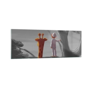 Quadro su vetro - Un bambino e una giraffa su un ramo di un albero in un paesaggio da favola - 140x50cm - Sta succedendo davvero - Decorazione murale moderna per soggiorno e camera da letto ARTTOR