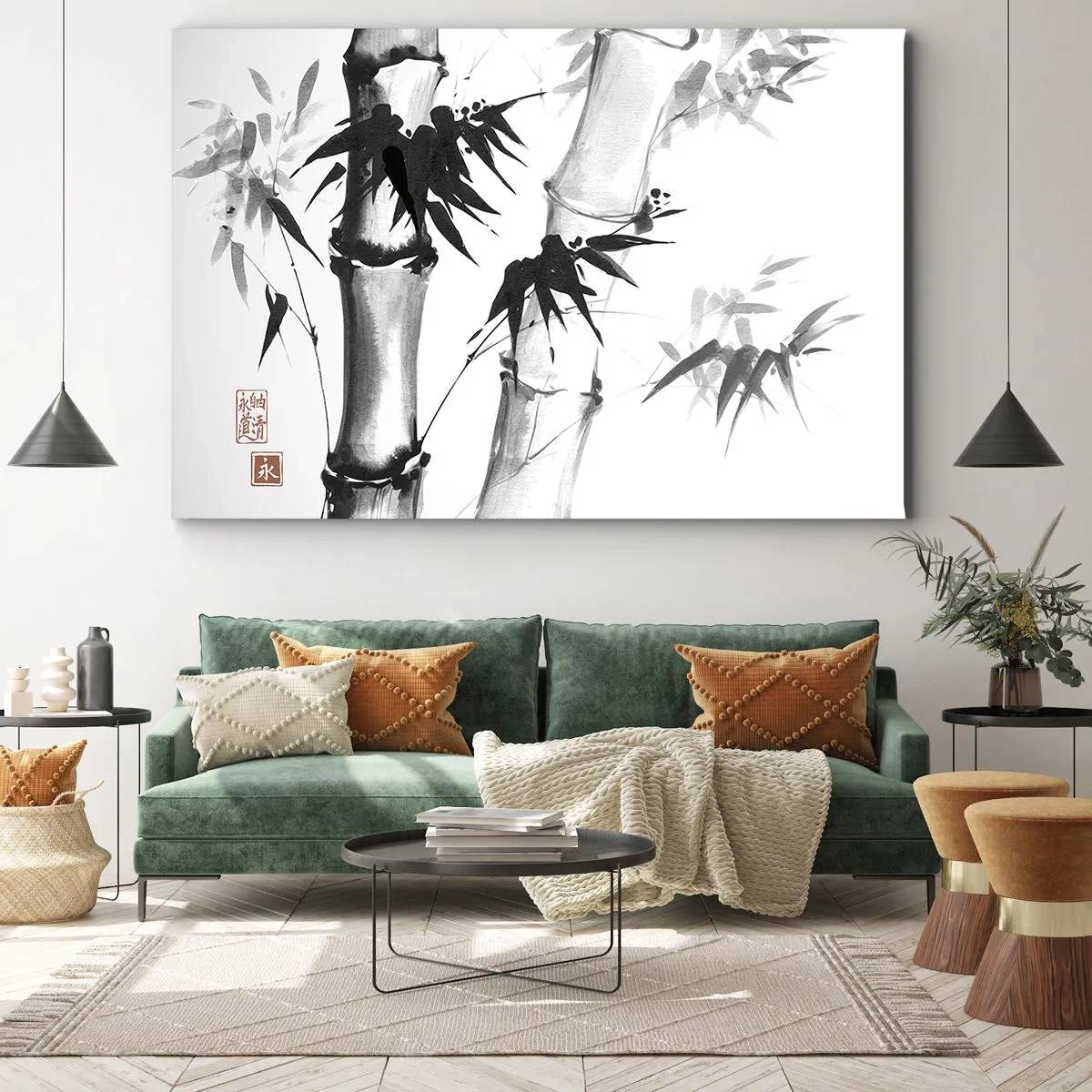 Quadro su tela - Stampe su Tela - Bambù acquerello in stile giapponese su sfondo bianco - 70x50cm - Particolare d'oriente - Decorazione murale moderna per soggiorno e camera da letto ARTTOR